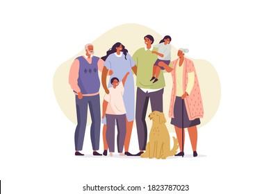 Multi Generational Family And Dog Spending Time Together. Mother, Father, Kids And Elderly Grandparents. They Hugging And Smiling To Each Other. Big Family Portrait. Flat Cartoon Vector Illustration. 