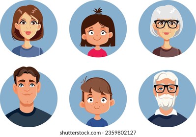 
Multi generational Family Members icon Set Cartoon Design Avatars. Mother, father, grandparents, and grandchildren collection of characters
