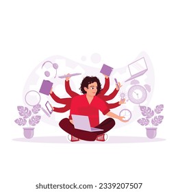 Multi handed businessman in a suit. Work simultaneously with multiple objects. Multitasking, efficient business worker concept. Trend Modern vector flat illustration