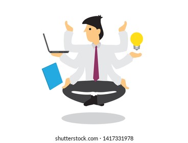 Multi hands businessman guru floating in the air. Concept of corporate multitasking or a business expert. Isolated flat vector illustration.