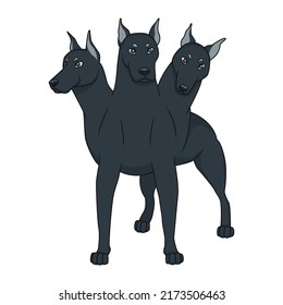 Multi headed dog Cerberus vector illustration in cartoon style. Mythological creature. Kerberos authentication logo. 