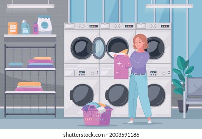 Multi housing self service laundry facility interior view with lady folding washed clothes flat cartoon vector illustration