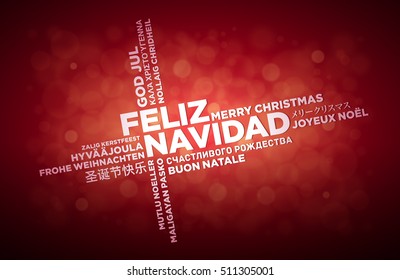 Multi language Merry Christmas typographic design. 
Spanish text is in the middle of the page. Word Cloud in different languages. Vector illustration.