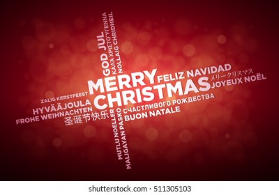 Multi language Merry Christmas typographic design. 
English text is in the middle of the page. Word Cloud in different languages. Vector illustration.