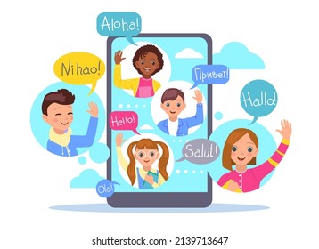 Multi language translator. Kids mobile app. Children education with smartphone. Messaging with vocabulary. Online dictionary. Vector multinational boys and girls with