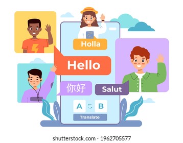 Multi language translator. Smartphone chat app, international multilingual communication, kids avatars and dialogue speech bubble. Online vocabulary and dictionary vector concept