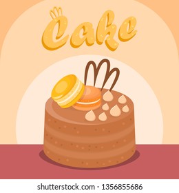 Multi Layer Cake Flat Vector Social media Banner. Tasty Dessert Cartoon Illustration with Lettering. Delicious Baking with Macaroons. Confectionery, Pastry Shop, Bakery Color Poster Template