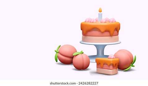Multi layered cake on stand with candle, ripe peaches. Realistic cream cake mold with topping