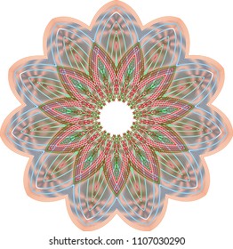 Multi layered double guilloche floral rosette with red, blue and green striped colors and rippled moire effect.