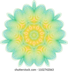 Multi layered guilloche doily rosette with gradient hues of golden yellow and light green lines.