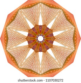 Multi layered guilloche fan rosette with spokes emulating bouquets of wheat surrounded by a crown of sharp angled dark orange lines.