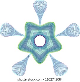 Multi layered guilloche five-point star rosette with teardrop petals in blue and green lines and straight line moire effect.