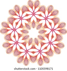 Multi layered guilloche floral branch rosette in purple, orange and red highlights with fluted petals.