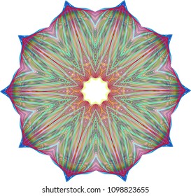 Multi layered guilloche floral rosette with striped colors in red, blue and green.