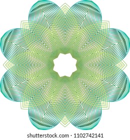 Multi layered guilloche floral rosette with alternative leaves in lime green and forest green thick lines and cut central open star.