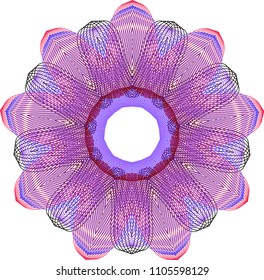 Multi layered guilloche floral rosette with woven lines in bright purple, red and charcoal gray mesh lines.