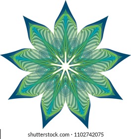 Multi layered guilloche nine-point star rosette with ribbed petals in deep teal blue and mint green with feathery moire effect.