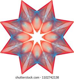 Multi layered guilloche open star rosette with soft gradient red to blue colors.