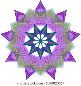 Multi layered guilloche star rosette with floating purple leaves supported by a collar of green and blue waves and central pleated star.