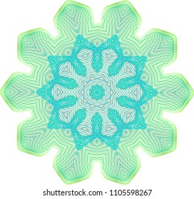 Multi layered guilloche star rosette with pastel green petals and floating central teal rosette.
