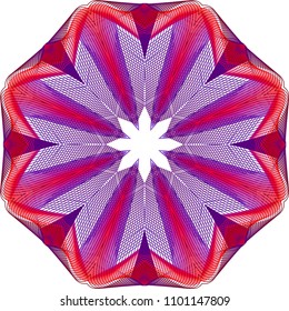 Multi layered guilloche starburst rosette with centrally-pointed rays in purple and bright red and lattice patterned lines.