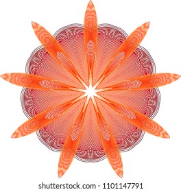 Multi layered guilloche sunburst rosette with a bright palette of oranges and browns.