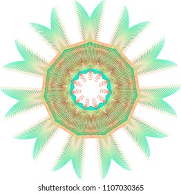 Multi Layered Guilloche Sunburst Rosette With Feathery Split Tongue Petals In Light Green And Orange.