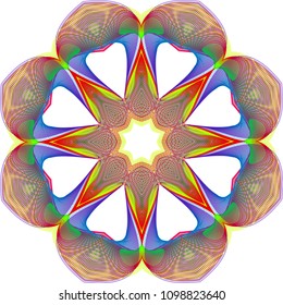 Multi layered guilloche wheel rosette in basic colors of red, yellow, green and blue with moire effect.