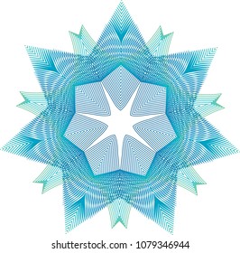 Multi layered open star guilloche rosette with teal and green colors and rippled moire effect.