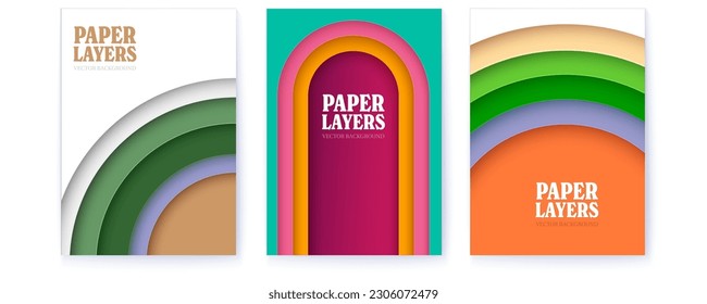Tapa de corte de papel de varias capas. Juego de afiches. Antecedentes abstractos. Ilustración vectorial.