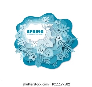 Multi layered paper cut effect background. Floral composition with flowers and leaves. 