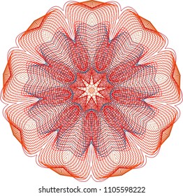 Multi layered red, blue and orange guilloche floral rosette with indented petal tips.