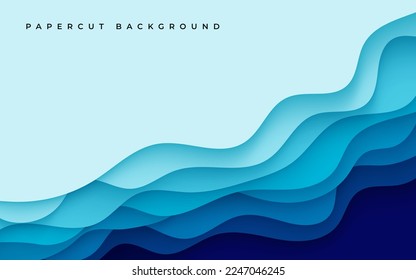 Multi layers blue color texture 3D papercut layers in gradient vector banner. Abstract paper cut art background design for website template. Topography map concept or smooth origami paper cut