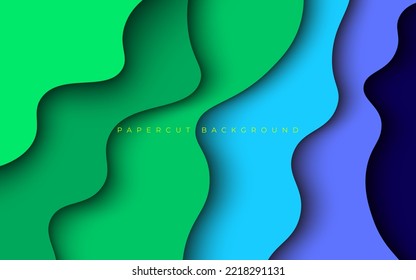 Capas de papel 3D de textura de color verde y azul multicapa en banner vectorial de gradiente. Resumen de diseño de fondo de corte de papel para plantilla de sitio web. Concepto de mapa topográfico o corte de papel liso de origami