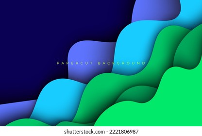 Multi layers blue, green color texture 3D papercut layers in gradient vector banner. Abstract paper cut art background design for website template. Topography map concept or smooth origami paper cut
