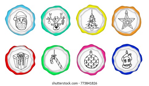 Multi Layers carve badge of paper with hand drawn doodle icons. Abstract cut out buttons with art drawing sketch sign and symbols. Isolated fashion stickers with cartoon elements. Vector illustration.