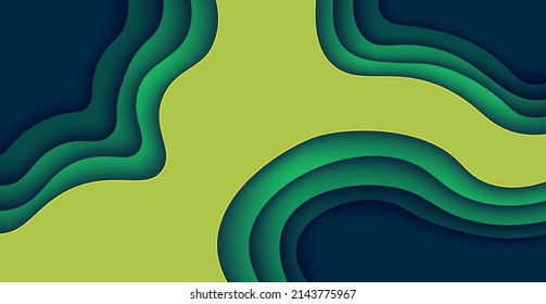 Multi layers dark green color texture 3D papercut layers in gradient vector banner. Abstract paper cut art background design for website template. Topography map concept or smooth origami paper cut