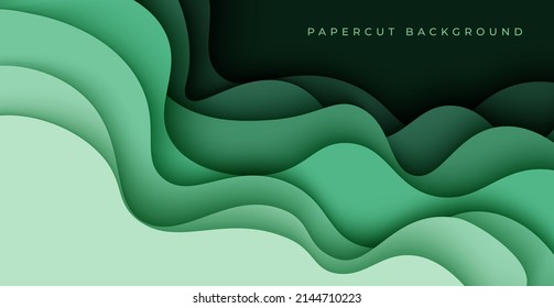 Multi layers green color texture 3D papercut layers in gradient vector banner. Abstract paper cut art background design for website template. Topography map concept or smooth origami paper cut