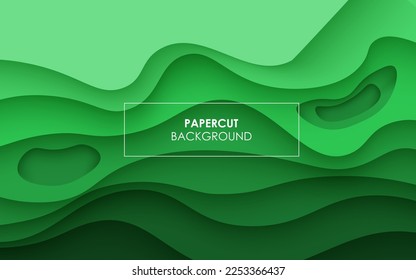 Mehrschichtige grüne Farbtextur 3D-Papierschnitt-Schichten in Farbverlauf-Vektorbanner. Abstraktes Papier schneidet Kunst Hintergrund Design für Website-Vorlage. Topographisches Kartenkonzept oder glatter Origami-Papierschnitt