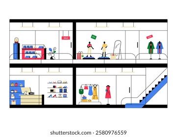 Multi Level Fashion Store With Clothing Displays And Mannequins In Flat Vector Illustration Symbolizing Retail Shopping, Fashion Merchandising, And Store Layout, Isolated On White Background