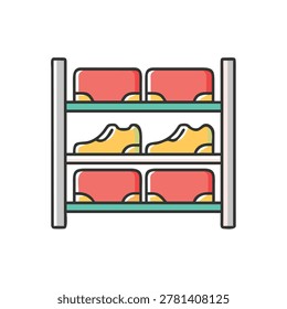 Multi level footwear shelf with boxes, storage organization concept.