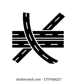 Multi level junction black glyph icon. Highway system. Multiple tarmac roads. Drive on crossroad. Route for transport. Roadway direction. Silhouette symbol on white space. Vector isolated illustration