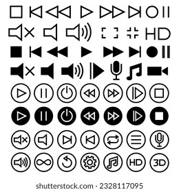 multi media player button icon set collection. Streaming video or movie film start stop and pause, resume buttons navigation sign. Vector outlined flat symbol of mute, sound, volume menu web app ui.