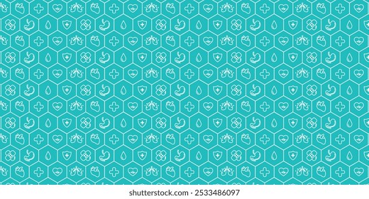 Multi-medizinisches Symbol-Set auf Hexagon-Hintergrund, nahtloser, schleifenfähiger medizinischer Gesundheitsmuster-Hintergrund