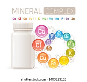 Multi mineral vitamin complex supplement. 3d mockup with empty bottle & minerals. Calcium iron zinc selenium iodine magnesium. Trendy health multivitamin complex poster. Icon isolated white background