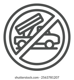 Multi missile launch truck forbidden line icon, stop war concept. Vector graphics. Rockets vehicle transport prohibited sign on white background, outline style icon for mobile or web design