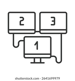 Multi monitor, icon in line design. Multi monitor, dual screen, extended display, computer monitors, screen setup, multitasking, workstations on white background vector. Multi monitor, editable stroke