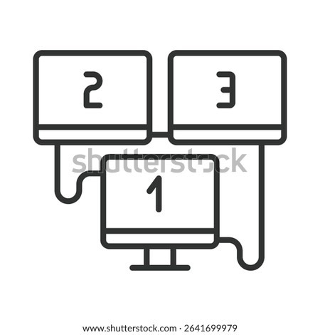 Multi monitor, icon in line design. Multi monitor, dual screen, extended display, computer monitors, screen setup, multitasking, workstations on white background vector. Multi monitor, editable stroke