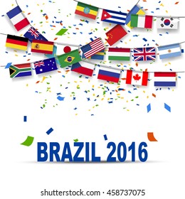 Multi nation Bunting flag with confetti , concept for Brazil summer sport tournament