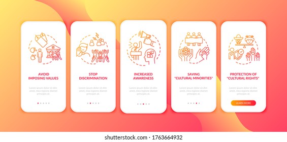 Multi national right support onboarding mobile app page screen with concepts. Multiculturalism appreciation walkthrough 5 steps graphic instructions. UI vector template with RGB color illustrations